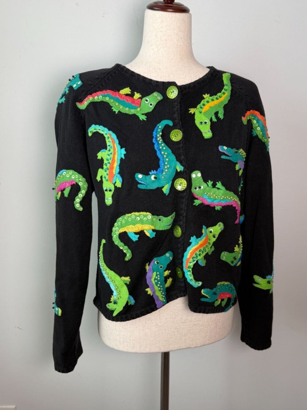 Michael Simon Alligator Sweater Embroidered Button Front Cardigan L Vintage RARE
